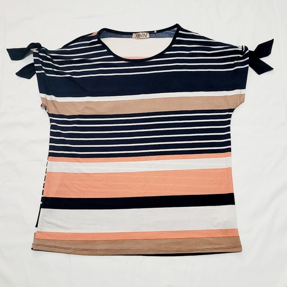 VINTAGE Lavish Women Top Blouse Striped Short Sleeve Scoop Neck Size S - Picture 5 of 8